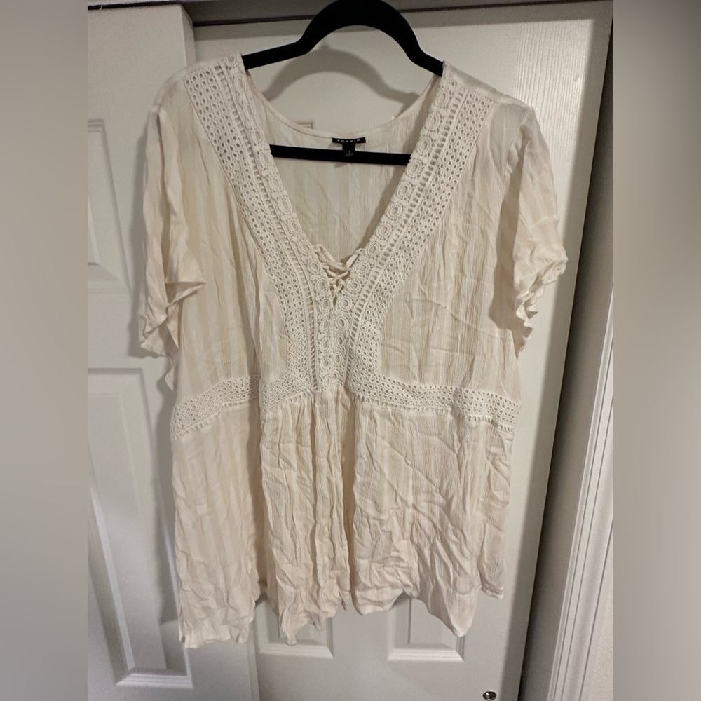 Torrid Babydoll Crinkle Gauze Crochet w/ Inset Lace-Up V-neck Striped Top; 3